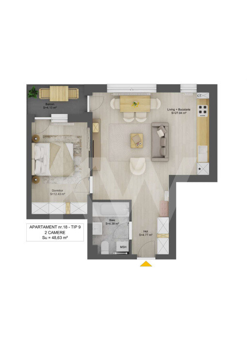 Apartament 2 camere la cheie balcon parcare 48,6mpu Et.3 Doamna Stanca