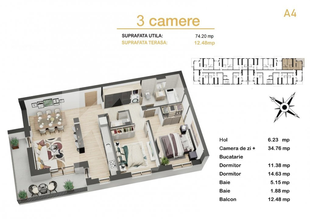 Apartament 3 camere de vamzare balcon parcare 74mp Avantgarden Sibiu