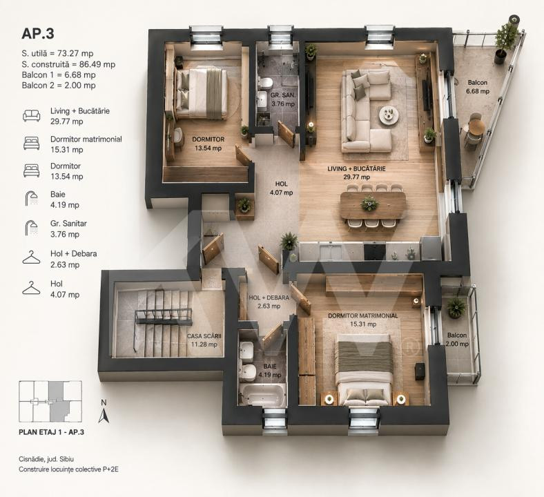 Apartament 3 camere 2 bai  Premium Arhitectilor Sibiu