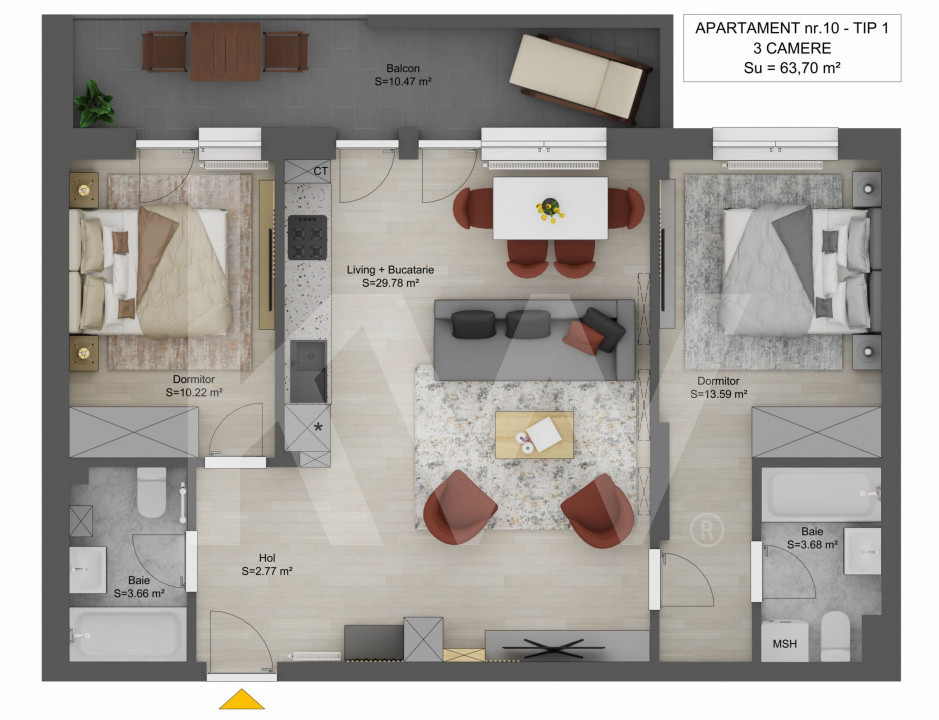 Apartament de vanzare 3 camere Sibiu Doamna Stanca 64mpu finisat cheie