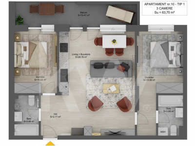 Apartament de vanzare 3 camere Sibiu Doamna Stanca 64mp finisat la alb