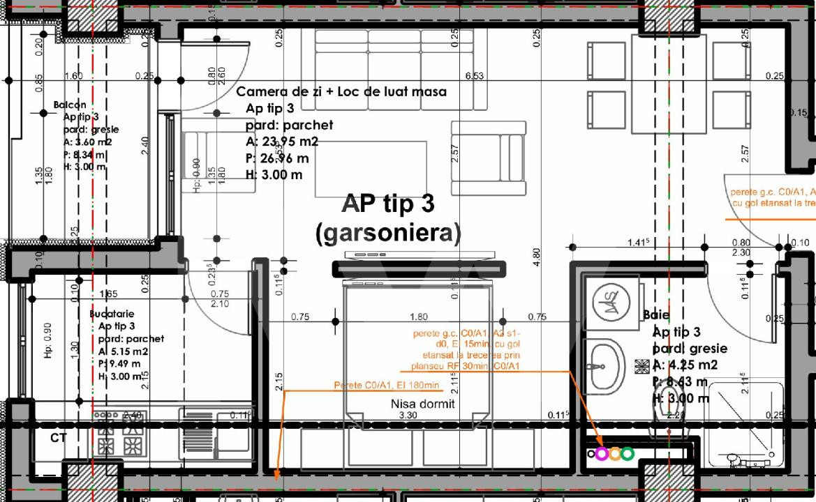 Apartament - Garsoniera bucatarie separata balcon de vanzare 33.6mpu