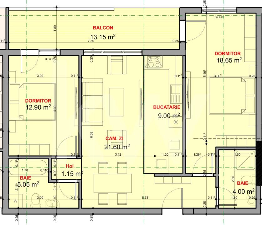Apartament 3 camere 2 bai - 72mp utili de vanzare balcon etaj 1 Sibiu