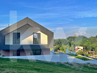 Casă arhitectură modernă cu panoramă spre Munții Făgăraș și Cetatea Cisnădioara 