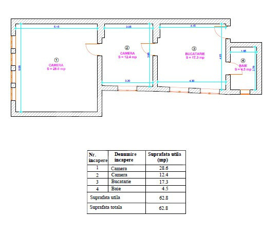 Apartament 2 camere – Centrul Istoric, str.Tribunei – Etaj 2 – 62.8 mp