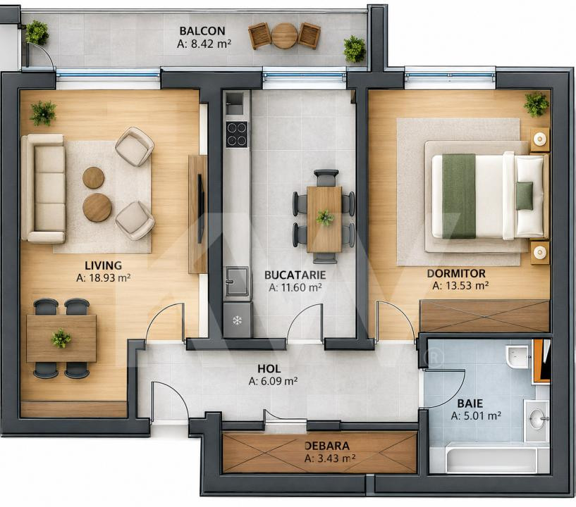 Apartament 2 Cam decomandate et 1 + balcon
