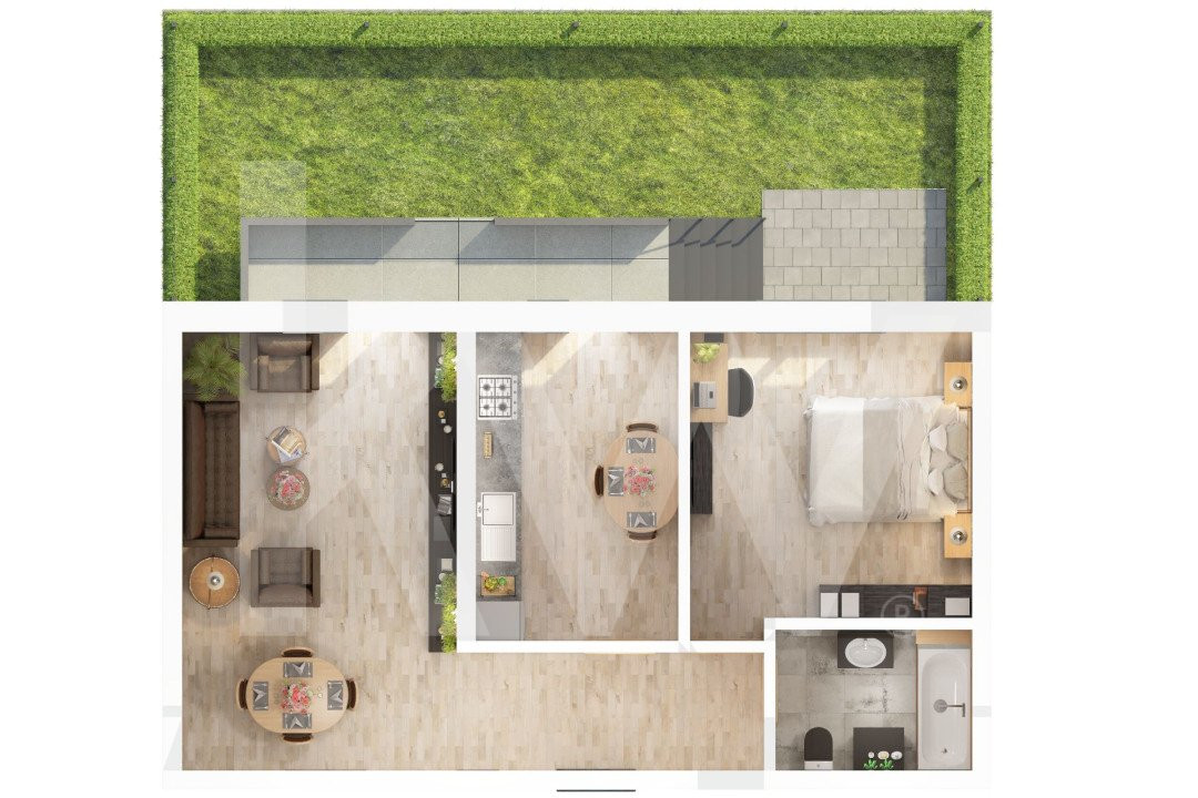 Apartament 2 camere – Suprafață 56.15mp utili + balcon 6.7mp -Grădină 40.3 mp 