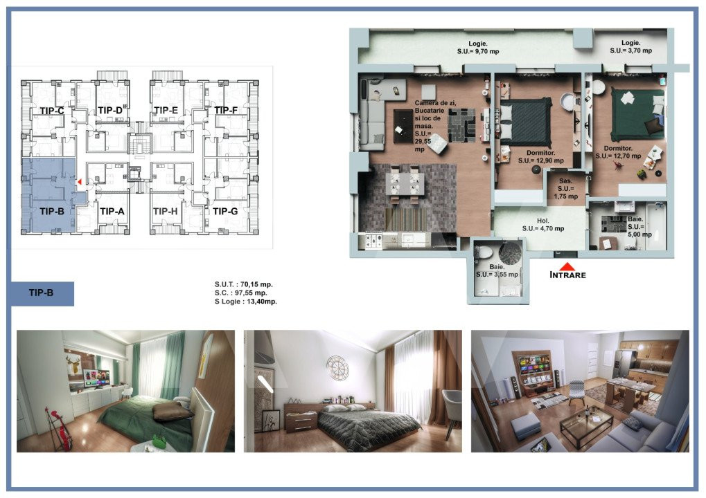 Apartament 3 camere - 2 bai - Logie 13.4 mp -Etaj 4