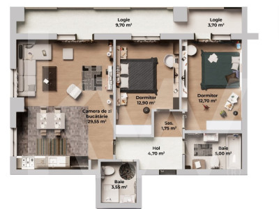 Apartament 3 camere - 2 bai - Logie 13.4 mp -Etaj 5